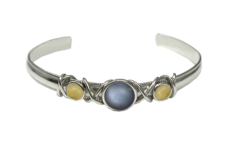 Sterling Silver Cuff Bracelet With Grey Moonstone And Yellow Aragonite